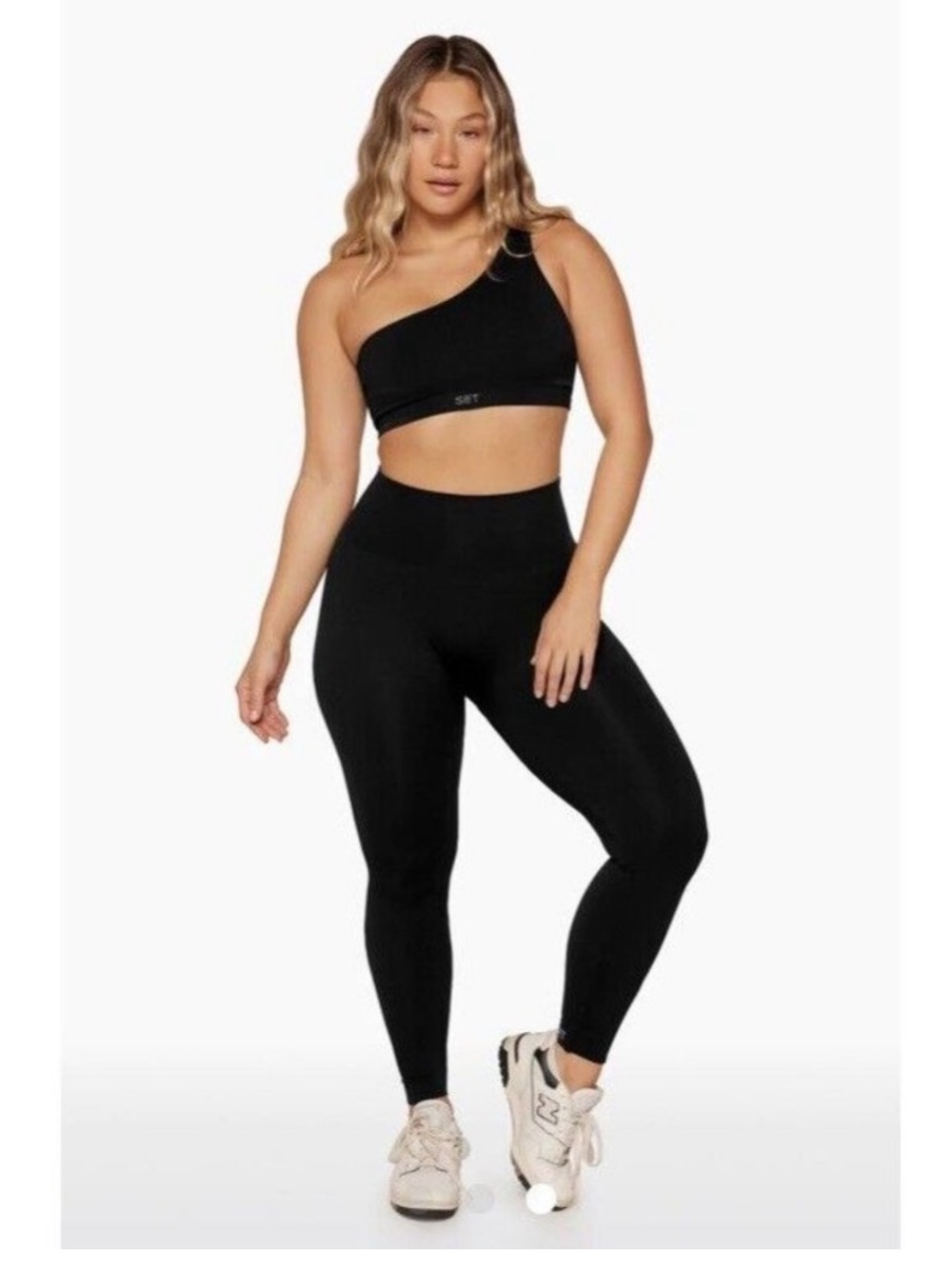 SET Active One-Shoulder Sports Bra & High-Waist Leggings Set - Black